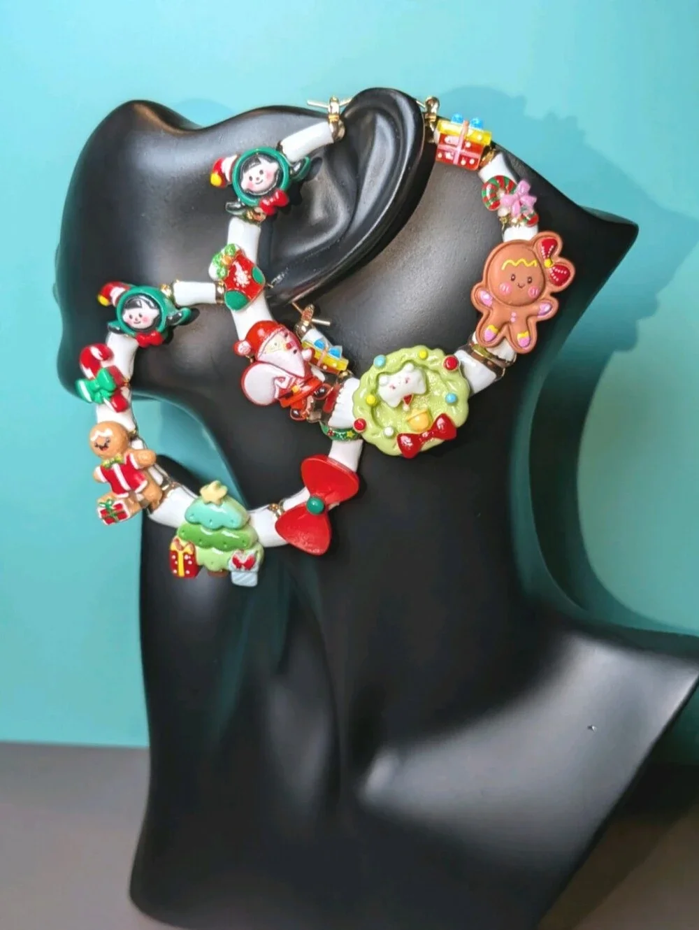 Hand Crafted Christmas Charm Medium Hoop Earrings in Red, Green, White & Gold